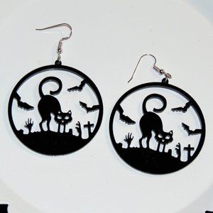 Spooky Cat in Graveyard Design Earrings